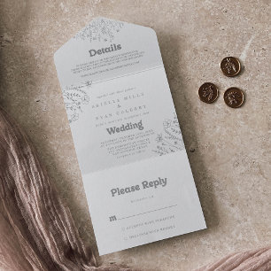 Minimale gedempte grijze wilde bloemen bruiloft all in one uitnodiging