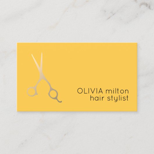 Minimale gele Faux Gold Scissors Hair Stylist Visitekaartje (Voorkant)