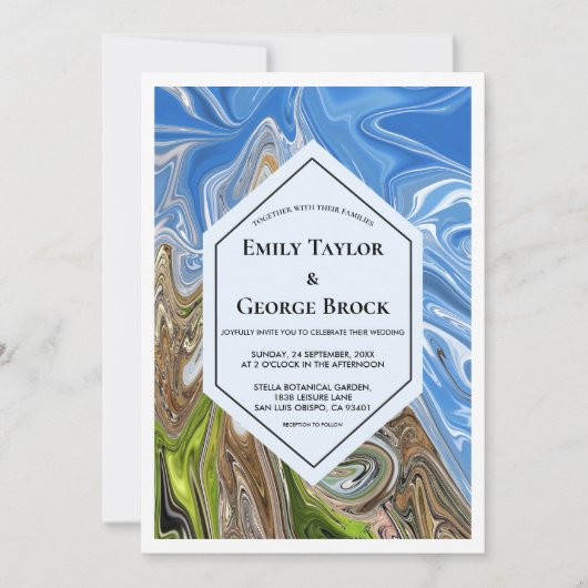 Minimale Geometrische Blauwe Groene Aarde Tone Wed Kaart (Voorkant)