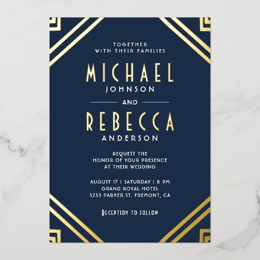 Minimale geometrische kunst Deco Wedding Navy Blue Folie Uitnodiging (Voorkant)