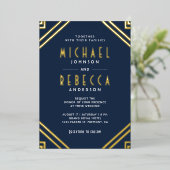 Minimale geometrische kunst Deco Wedding Navy Blue Folie Uitnodiging (Staand Voorkant)