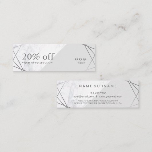 Minimale geometrische marmer grijze zilverkorting mini visitekaartje (Voorkant / Achterkant)