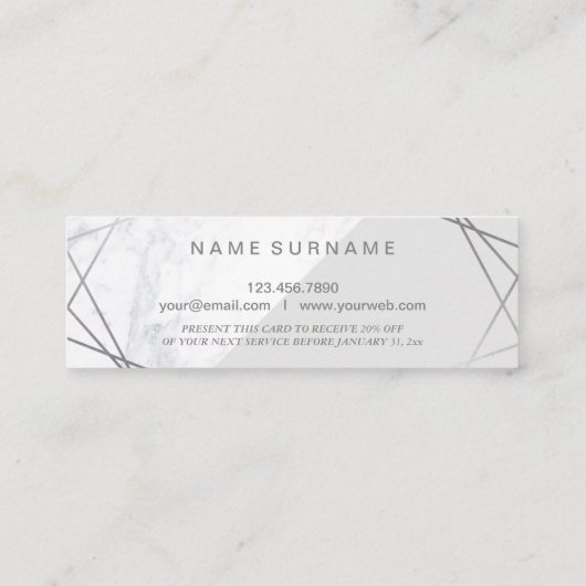 Minimale geometrische marmer grijze zilverkorting mini visitekaartje (Achterkant)
