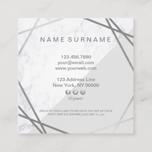 Minimale geometrische marmer grijze zilverkorting vierkante visitekaartje (Achterkant)