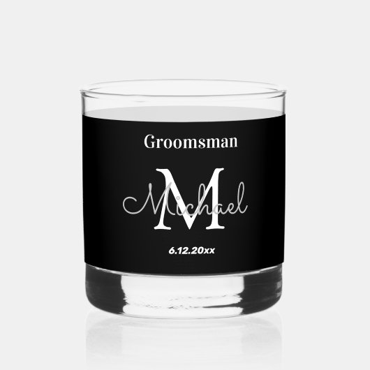 Minimale gepersonaliseerde groomsmen zwart wit whisky glas (Voorkant)