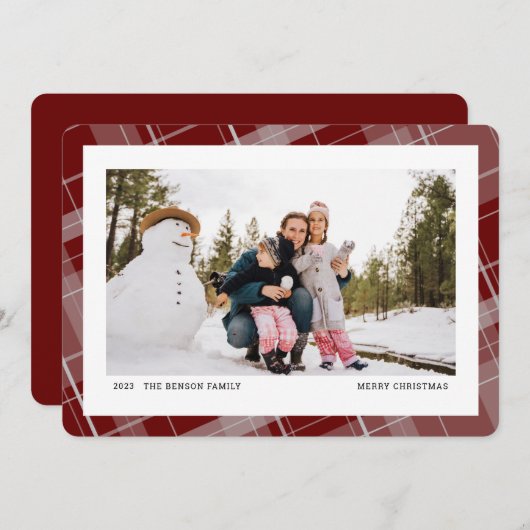 Minimale geruite een foto rode horizontale feestdagenkaart (Voorkant / Achterkant)