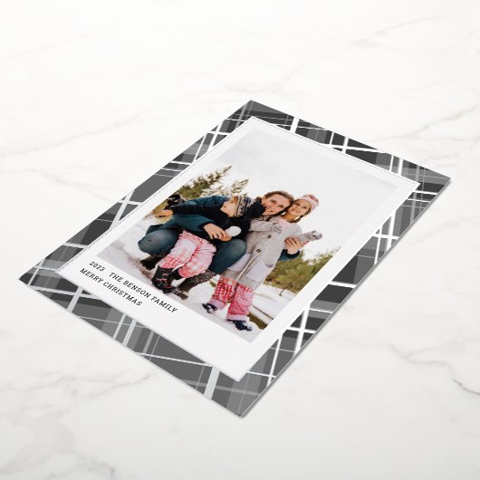 Minimale geruite enkele foto grijze verticale echt folie feestdagenkaart (Gedraaid)