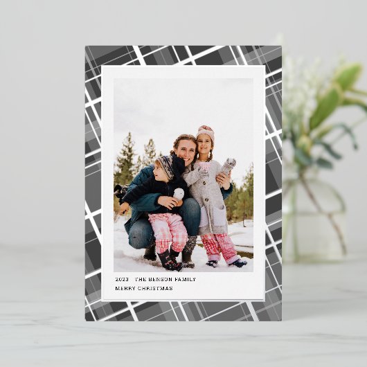 Minimale geruite enkele foto grijze verticale echt folie feestdagenkaart (Staand Voorkant)