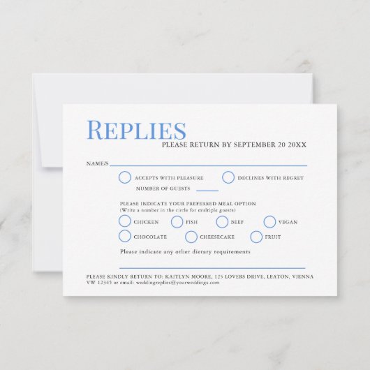 Minimale gewone hemelblauwe inktbruiloft RSVP kaartje (Achterkant)