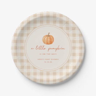 Minimale Gingham "Kleine Pompoen" Herfst Baby Show Papieren Bordje