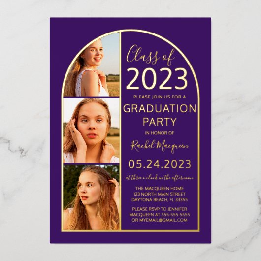Minimale Gold Foil Paars Arch Photo Afstuderen Folie Uitnodiging (Voorkant)