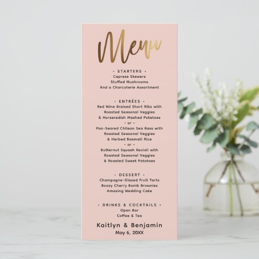 Minimale Gold Handwriting Simple Typography Blush Menu (Staand voorkant)