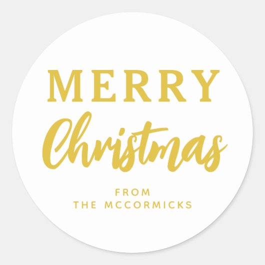 Minimale Gold Merry-kerstkalligrafie Ronde Sticker (Voorkant)