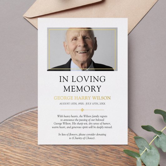 Minimale Gold Photo in Loving Memory Annountion Folie Uitnodiging