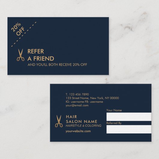 Minimale Gold Scissors Hair Stylist Referral-kaart Visitekaartje (Voorkant / Achterkant)