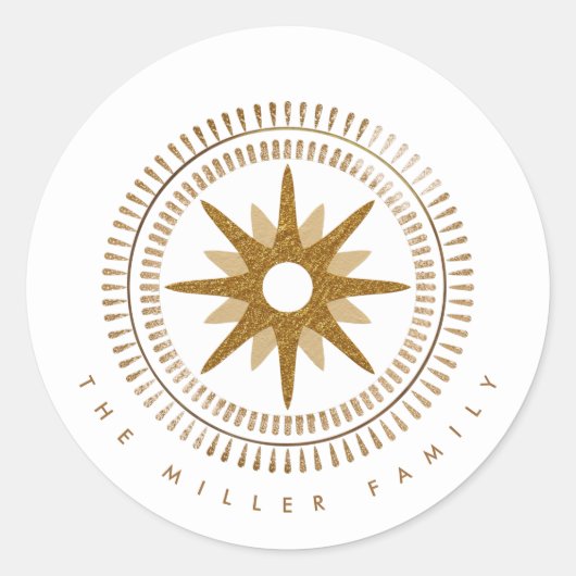 Minimale Gold Starburst Medallion Familienaam Ronde Sticker (Voorkant)