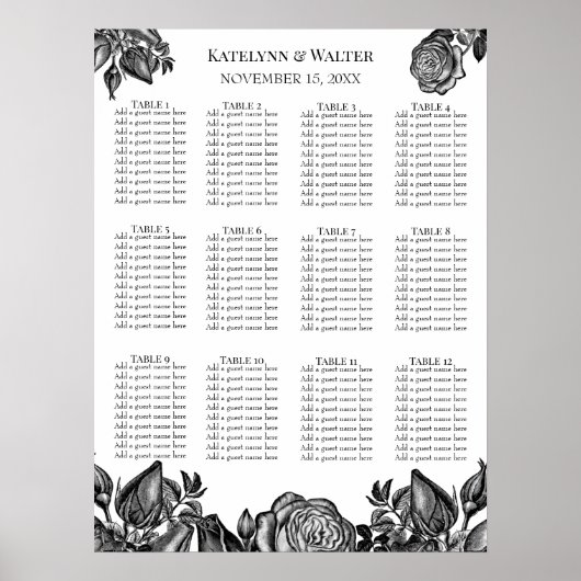 Minimale Gothic Wedding Black and White Roses Poster (Voorkant)
