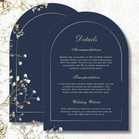 Minimale Gouden Boog Navy Witte Script Detail Brui Kaart