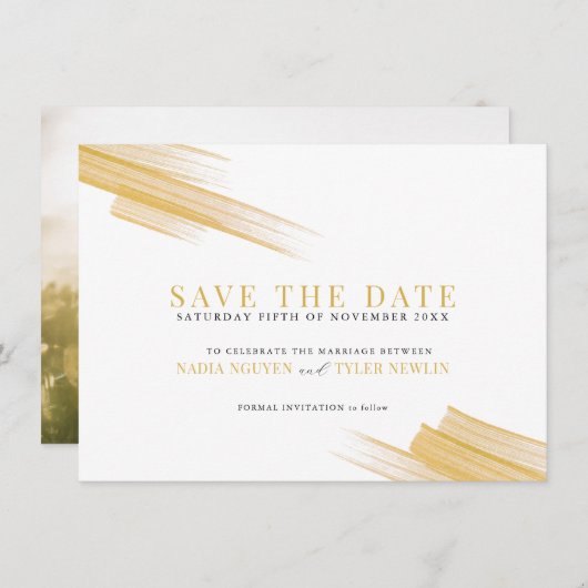 Minimale gouden bruine inktlijnen op fotobruiloft save the date (Voorkant / Achterkant)