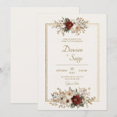 Minimale gouden en bordeauxrode bloemenbruiloft kaart (Voorkant / Achterkant)