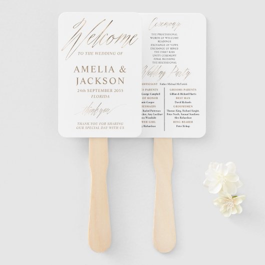 Minimale gouden en witte huwelijksceremonie handwaaier (Voorkant en achterkant)