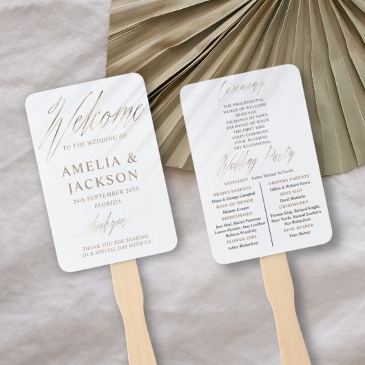 Minimale gouden en witte huwelijksceremonie handwaaier