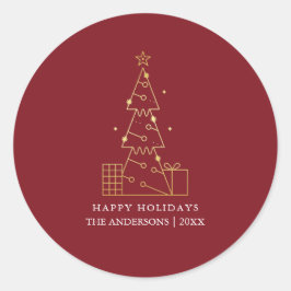Minimale Gouden Kerstboom Modern Rood Ronde Sticker
