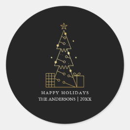 Minimale Gouden Kerstboom Modern Zwart Ronde Sticker