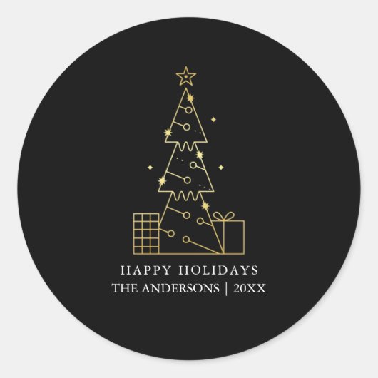 Minimale Gouden Kerstboom Modern Zwart Ronde Sticker (Voorkant)