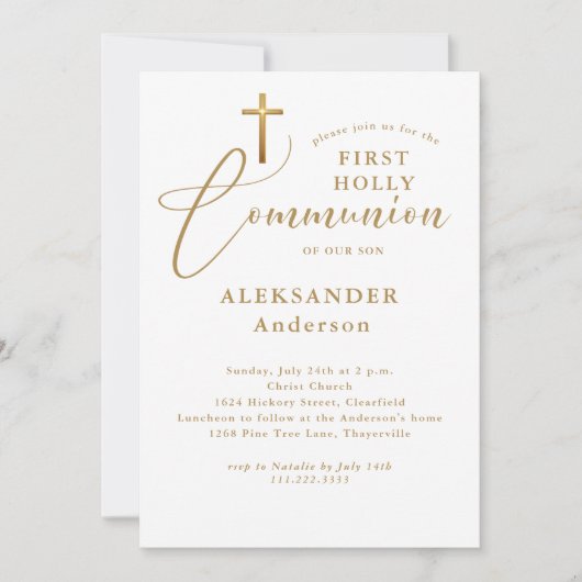Minimale Gouden Kruis Kalligrafie Eerste Communie Kaart (Voorkant)