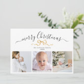 Minimale gouden lint drie foto kerstgroet feestdagenkaart (Staand voorkant)