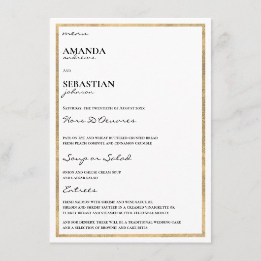 Minimale gouden witte typografie elegante bruiloft menu (Voorkant)