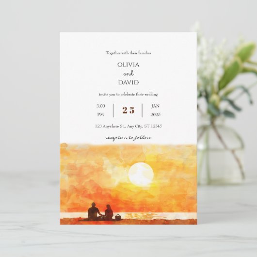 Minimale gouden zonsondergang picknick strand brui kaart (Staand voorkant)