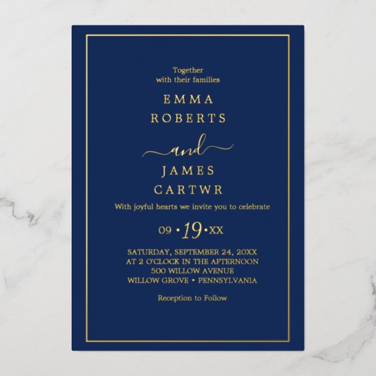 Minimale goudolie | Casual zwart huwelijk Folie Uitnodiging (Voorkant)