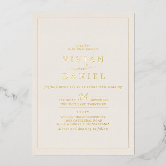Minimale goudolie | Ivory Styled Date Weddenschap Folie Uitnodiging (Voorkant)