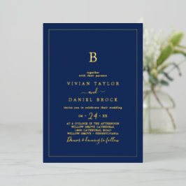Minimale goudolie | Navy Blue Monogram Weddenschap Folie Uitnodiging