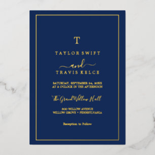 Minimale goudolie   Navy Blue Monogram Weddenschap Folie Uitnodiging