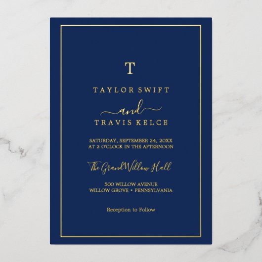 Minimale goudolie | Navy Blue Monogram Weddenschap Folie Uitnodiging (Voorkant)
