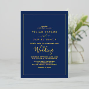 Minimale goudolie   Navy Blue Wedding Folie Uitnodiging