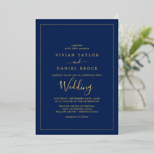 Minimale goudolie | Navy Blue Wedding Folie Uitnodiging (Staand Voorkant)