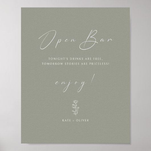 Minimale Grappige Sage Groene Bruiloft Open Bar Te Poster (Voorkant)