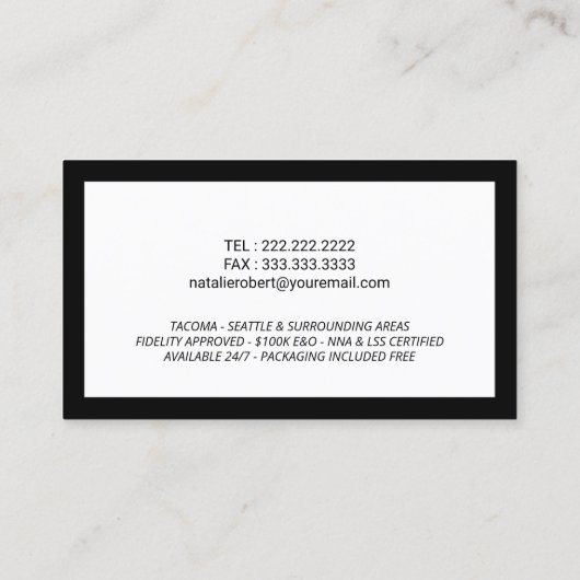 Minimale grens van de notaris Public Loan Signing  Visitekaartje (Achterkant)