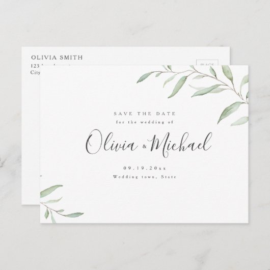 Minimale grienery kalligrafie, sparen de datum aankondigingskaart (Voorkant / Achterkant)