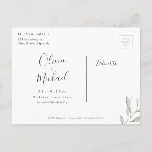 Minimale grienery kalligrafie, sparen de datum aankondigingskaart (Achterkant)