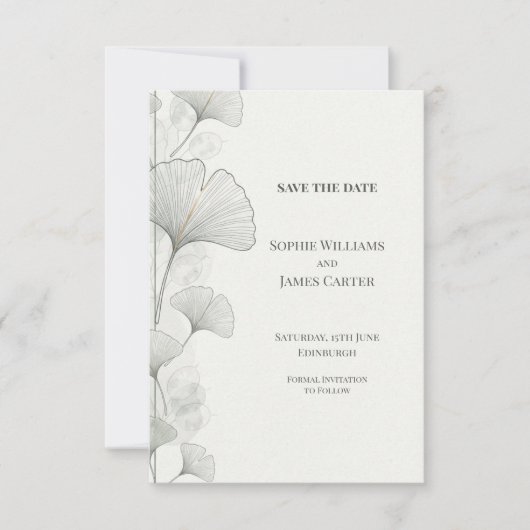 Minimale Grijze Ginkgo Trouw Save the Date (Voorkant)