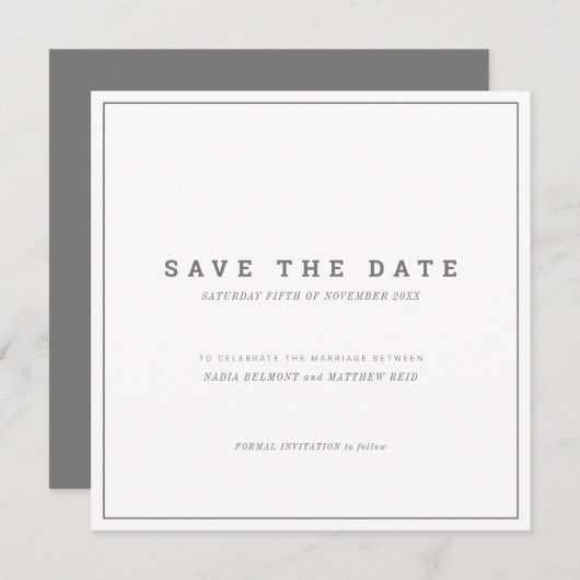 Minimale grijze, witte bruiloft save the date (Voorkant / Achterkant)