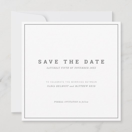 Minimale grijze, witte bruiloft save the date (Voorkant)