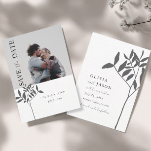 Minimale grijze & witte foto botanische bewaar de save the date