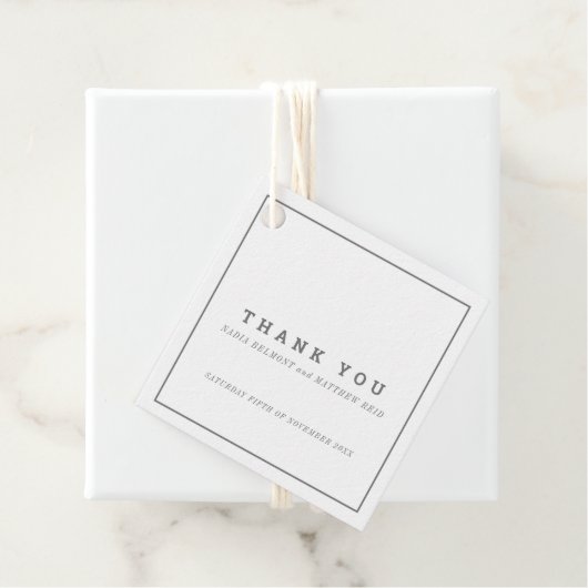 Minimale grijze witte vierkante bruiloft dank u bedankjes labels (In situ)