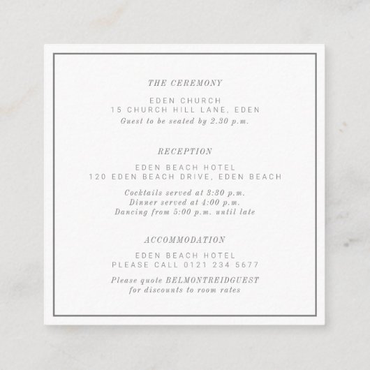 Minimale grijze witte vierkante bruiloft details informatiekaartje (Achterkant)